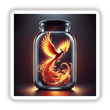 Phoenix in a Jar - Flaming Bird Encased in Glass: A still life photograph of a fiery phoenix inside a glass jar, perfect as a unique wall art sticker or digital download.