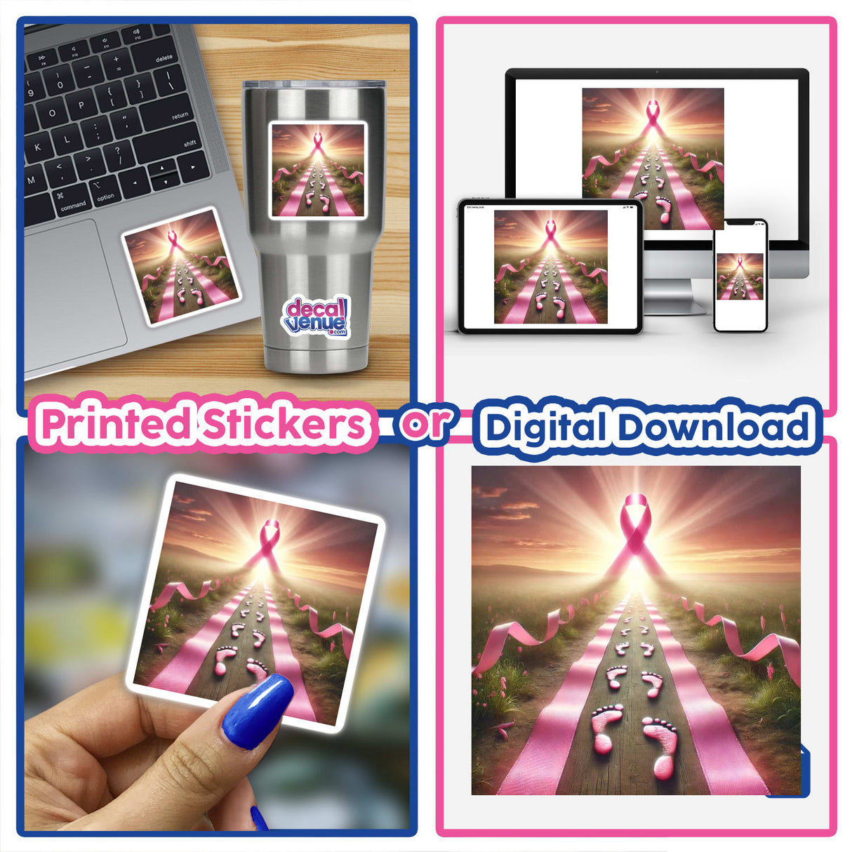 Journey to Recovery - Footsteps Leading to a Pink Ribbon: Collage featuring pink ribbon stickers, digital artwork, and a silver mug with the design, displayed on a laptop and various backgrounds.