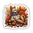 Cozy Autumn Sloth in Sweater - Vibrant digital artwork featuring a cute sloth in a warm sweater surrounded by colorful fall leaves, acorns, and other natural elements.