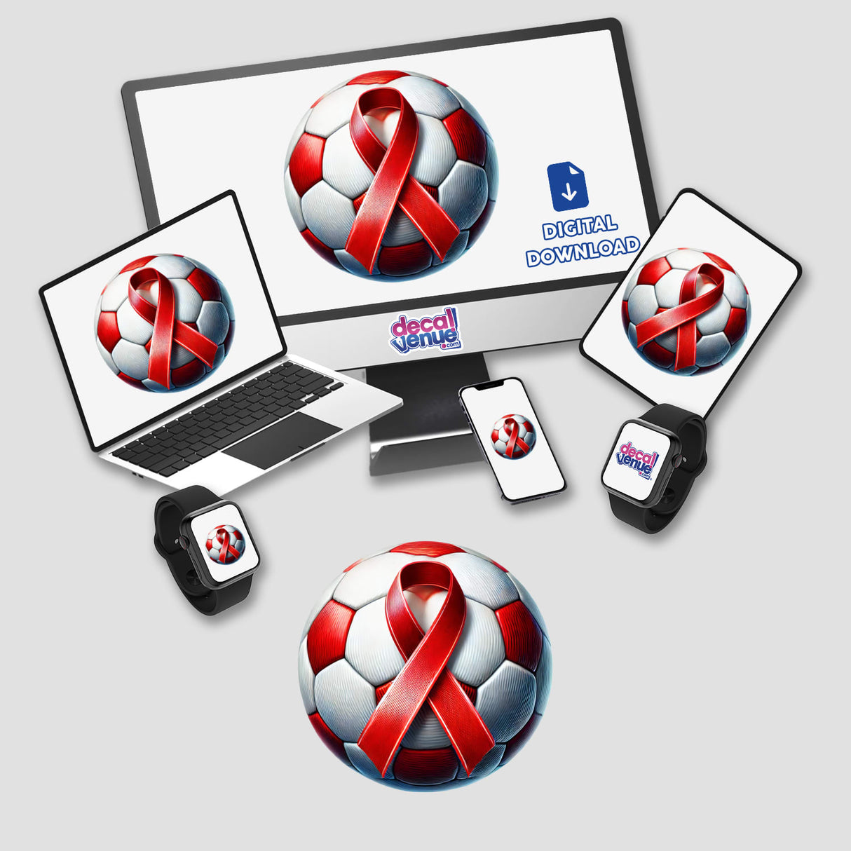 Red Ribbon Soccer Ball sticker or digital artwork featuring a soccer ball adorned with a red ribbon, perfect for sports enthusiasts.