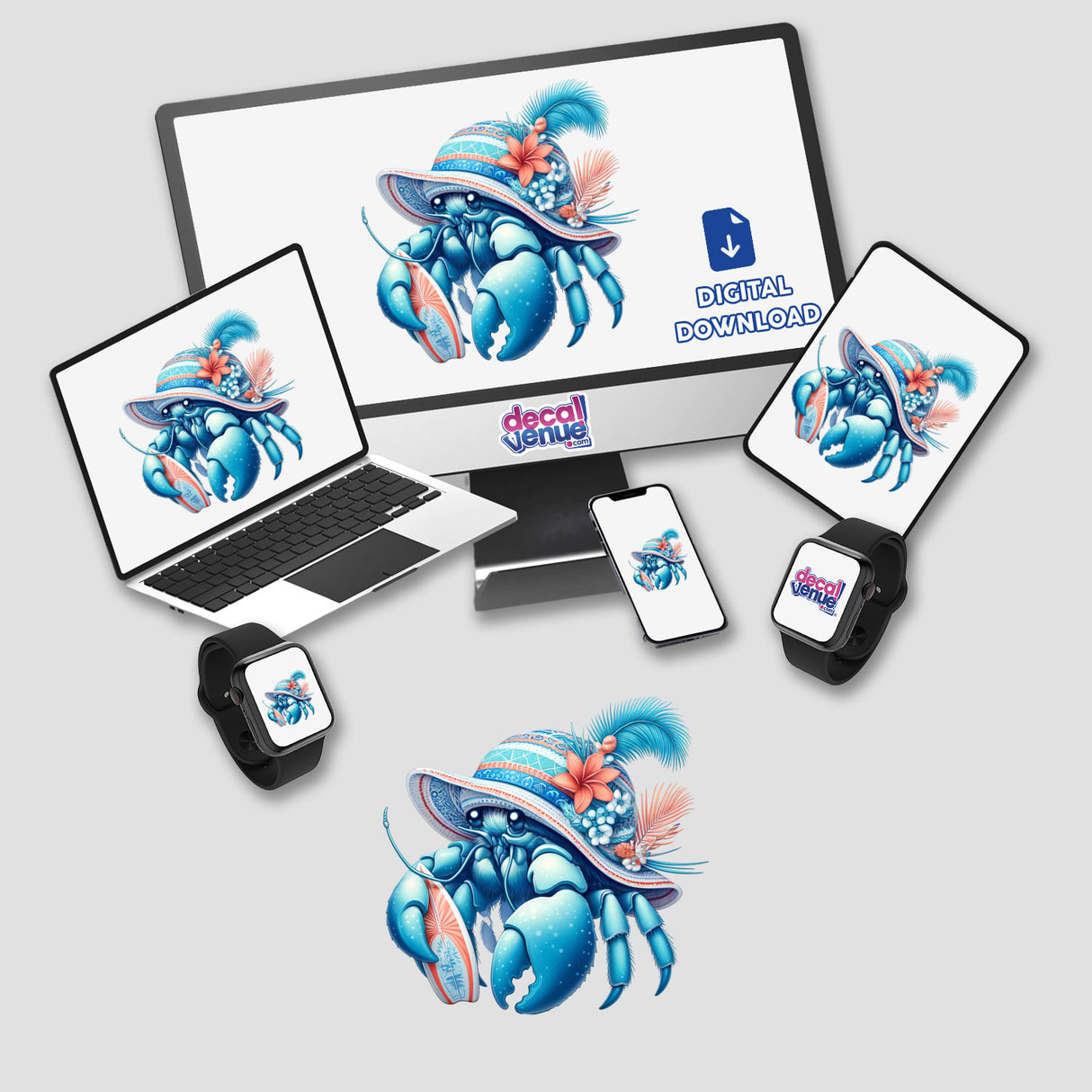 Hermit Crab Holding Surfboard in Summer Beach Hat