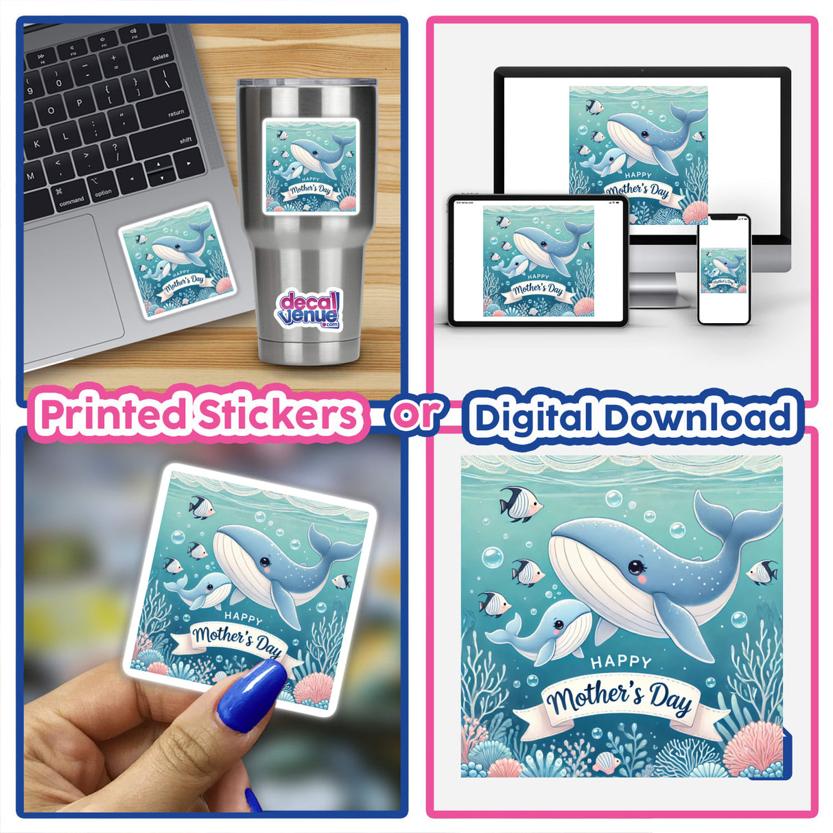 Happy Mothers Day Underwater Cartoon Whales Scene featuring a collage of laptop images with whale stickers, highlighting unique vinyl designs. Available as stickers or digital artwork from Decal Venue.