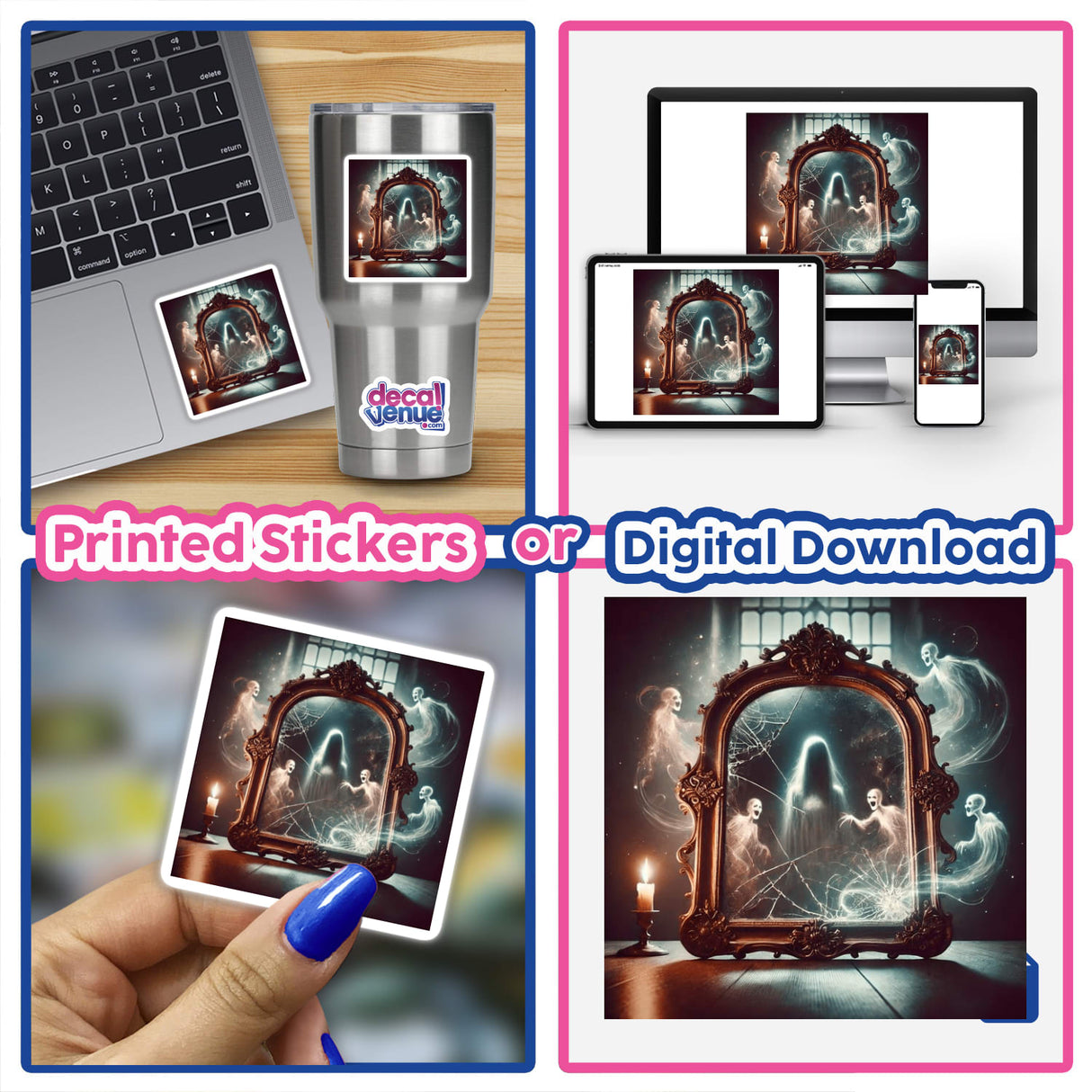 Collage featuring a laptop displaying the artwork Cursed Mirror - Reflections of Ghostly Figures, available as stickers or digital art, highlighting ghostly images in mirrors.