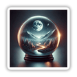Starlit Path - Moonlit Road Winding Through a Globe, depicting a serene landscape with a river, mountains, and moon inside a glass sphere, available as stickers or digital artwork.