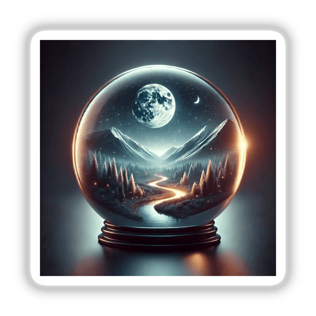 Starlit Path - Moonlit Road Winding Through a Globe, depicting a serene landscape with a river, mountains, and moon inside a glass sphere, available as stickers or digital artwork.