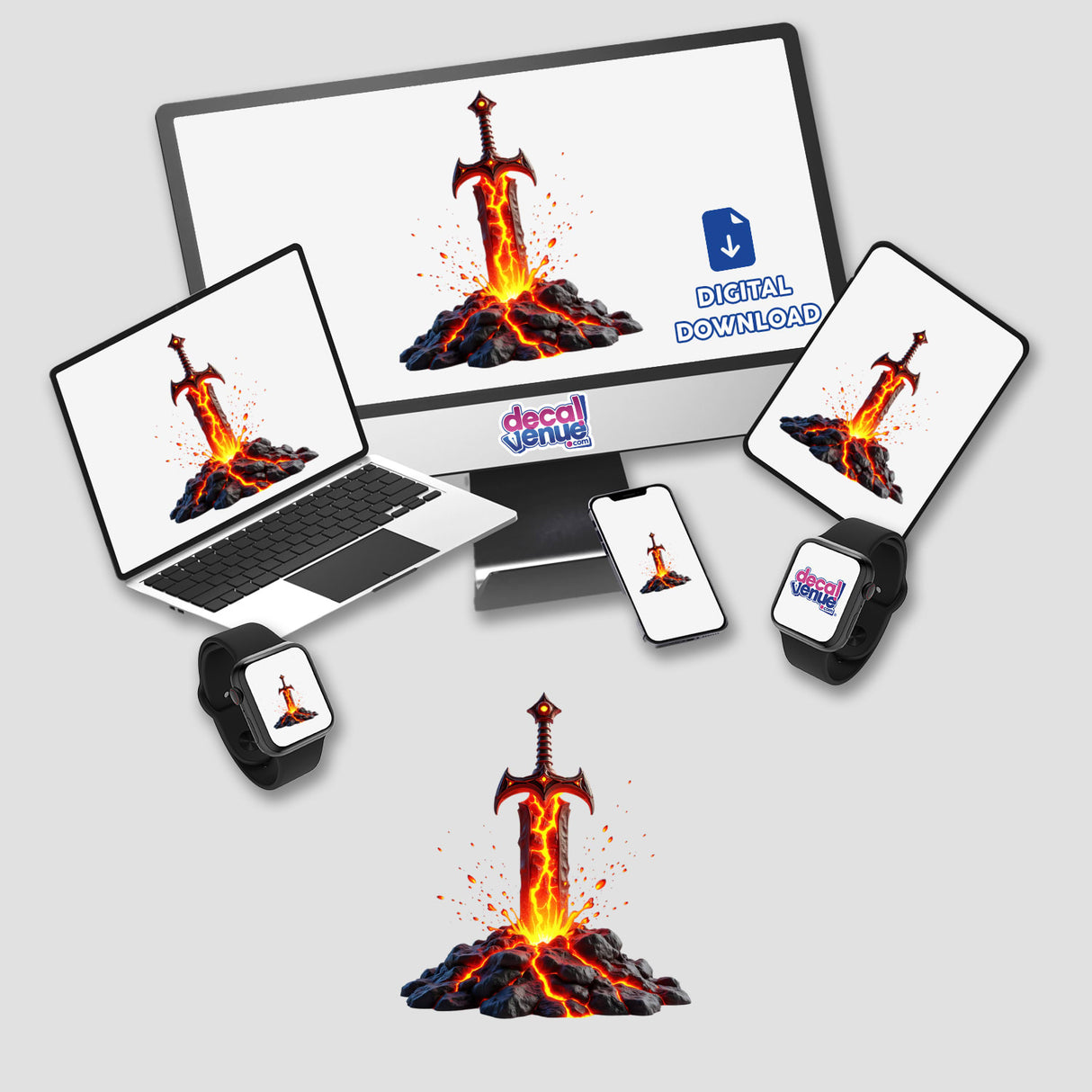 Molten Lava Sword digital artwork depicts a fiery sword with a volcano eruption, showcased on a computer screen. Perfect for fantasy enthusiasts, it embodies adventure and danger. Available as stickers or digital downloads.