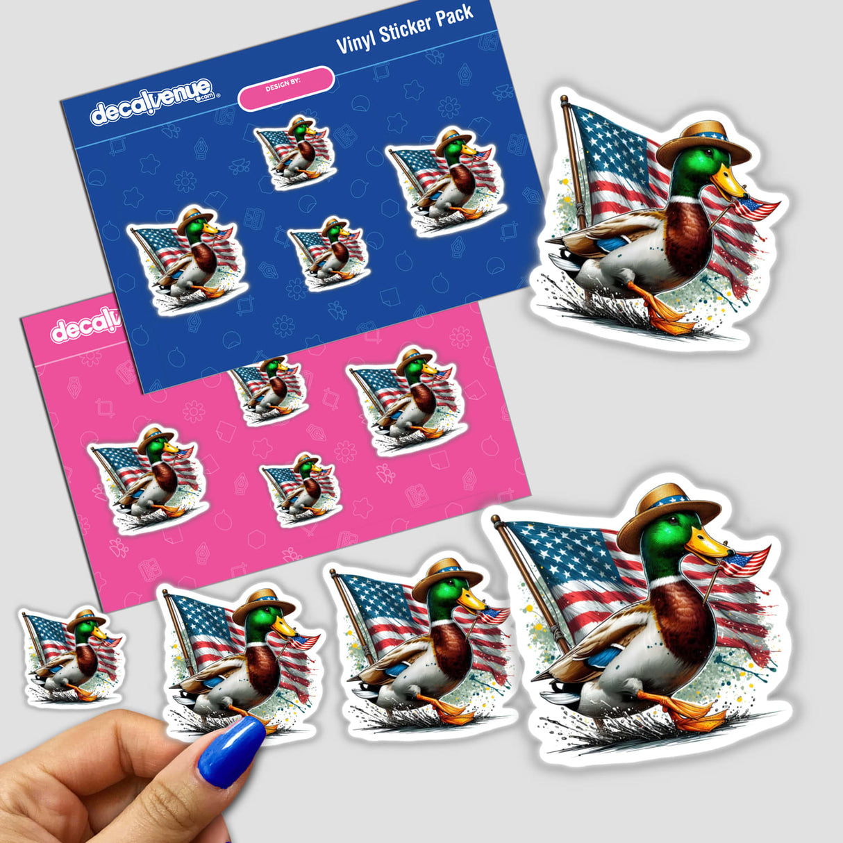 Mallard Duck American Flag Parade sticker set featuring cartoon ducks with hats and flags, available as vinyl stickers or digital artwork.