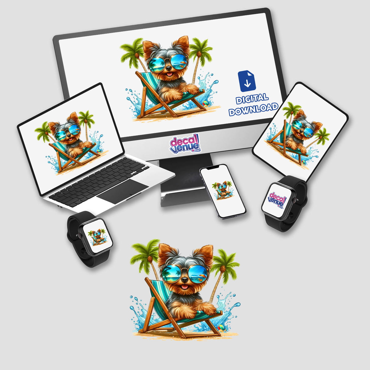 Peeking Yorkie Dog Sitting in Beach Chair on monitor and laptop screens, available as stickers or digital art from Decal Venue.