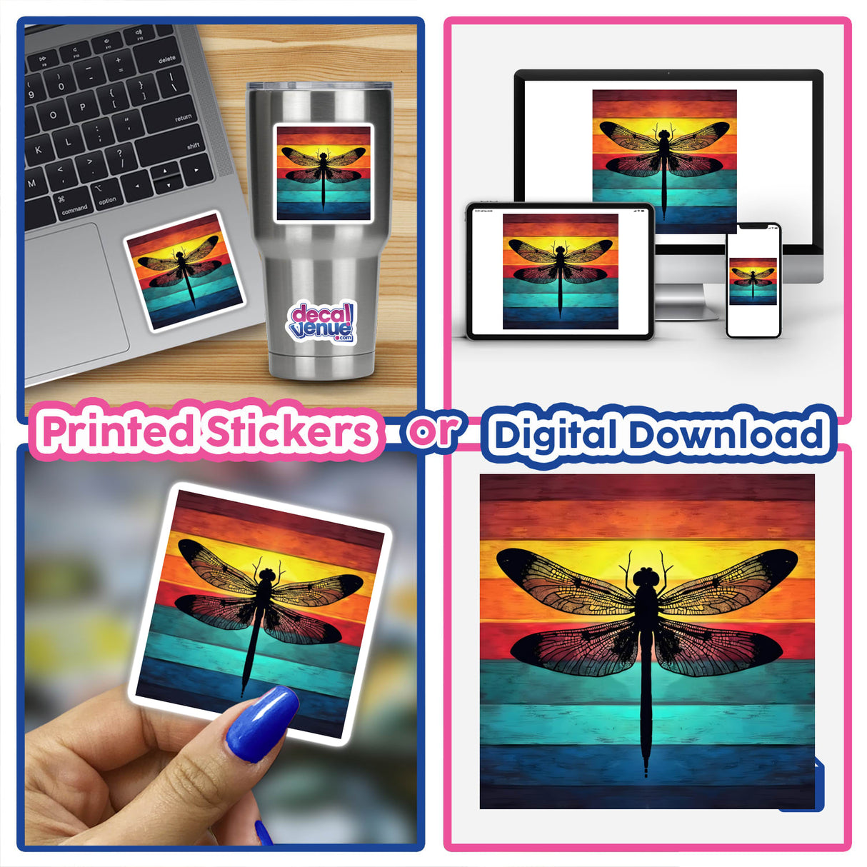 Dragonfly Silhouette with Multi-Color Stripes sticker displayed on a laptop.