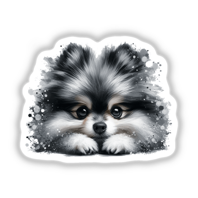 Peeking Sable Wolf Pomeranian Splatter art showcases a close-up of a Pomeranian's face, highlighting its distinct features, available as unique stickers or digital artwork at Decal Venue.