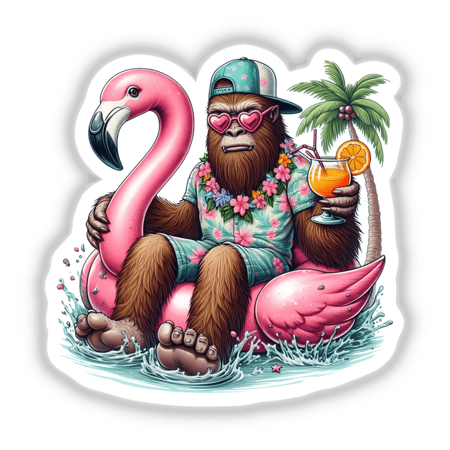 Sasquatch Floating in Flamingo Float: A cartoon gorilla sits on a pink flamingo float, holding a drink. Available as stickers or digital artwork from Decal Venue.
