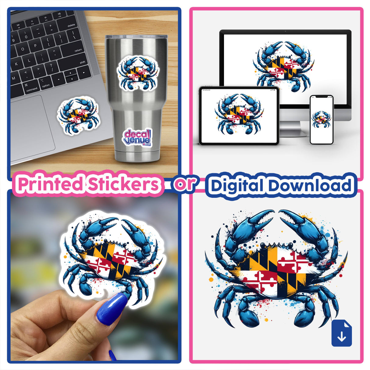 Maryland Flag Crab Splatter II displayed on various surfaces, including a laptop and phone, showcases unique vinyl sticker designs from Decal Venue.