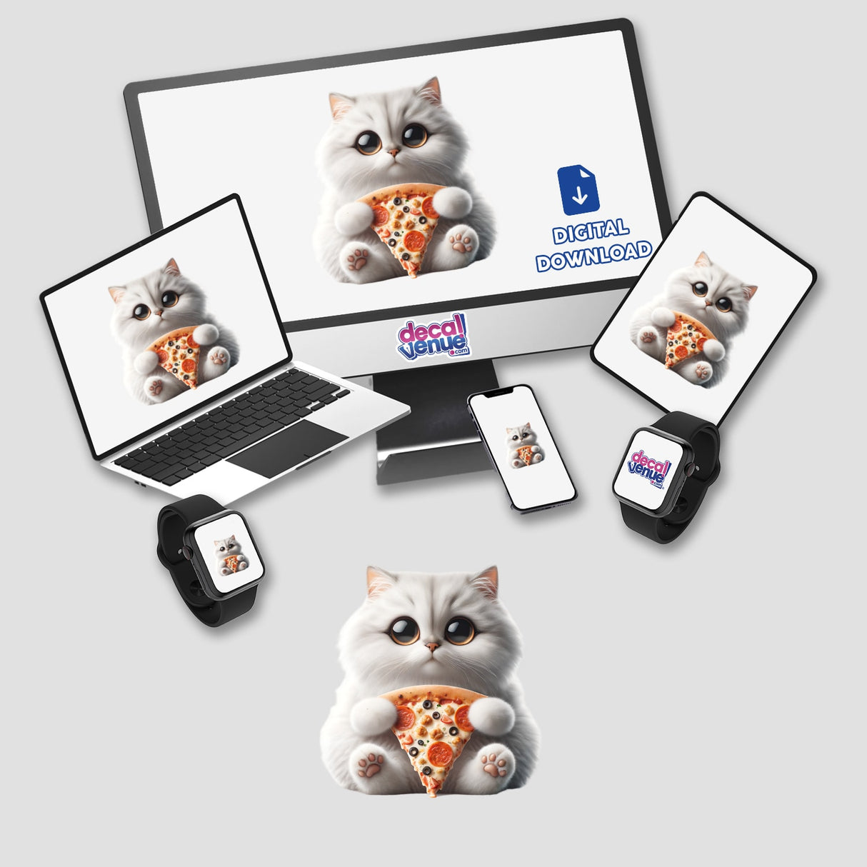 Fluffy White Kitten with Pizza Slice