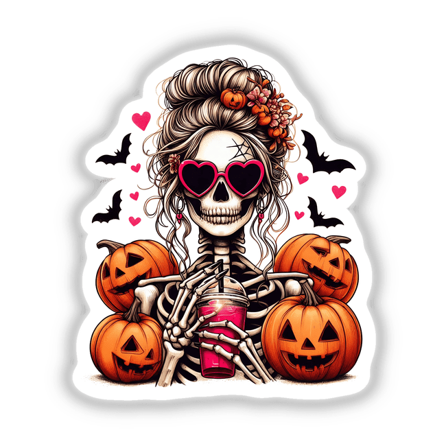 Spooky Halloween skeleton lady with curly hairstyle, heart-shaped sunglasses, and pumpkins