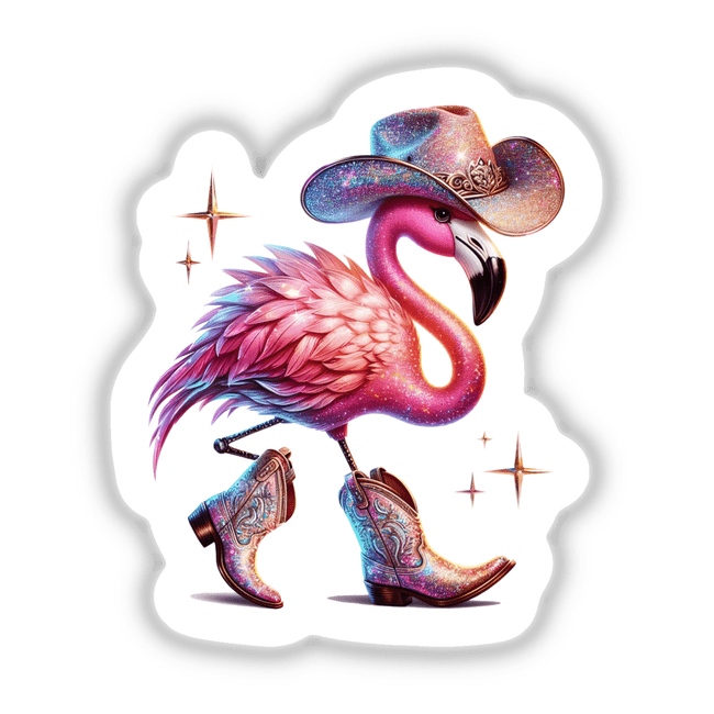 Glitter Flamingo in Cowboy Hat and Boots, available as stickers or digital artwork, showcasing a whimsical flamingo adorned in Western attire, capturing the unique essence of Decal Venue's offerings.