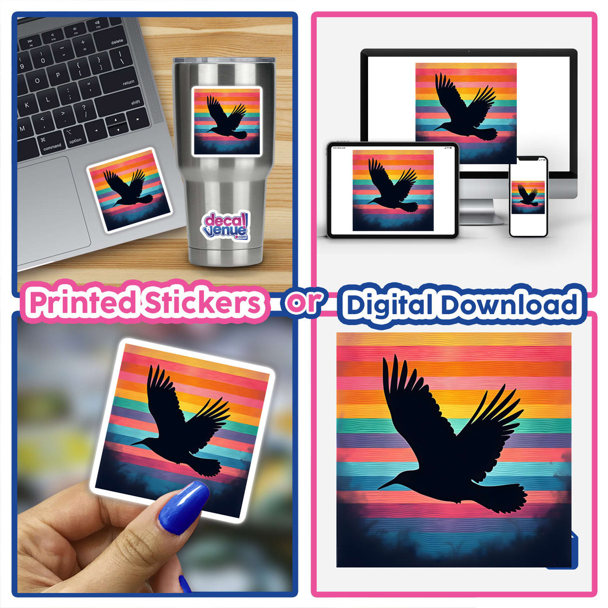 Bird in Flight Silhouette with Vibrant Stripes displayed on a laptop and various devices, emphasizing its versatility as stickers or digital artwork.
