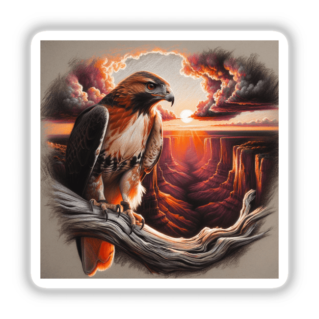 Hawk on a Gnarled Tree Branch in a Canyon Sunset, a detailed painting depicting a bird perched elegantly on a twisted branch, available as stickers or digital artwork from Decal Venue.