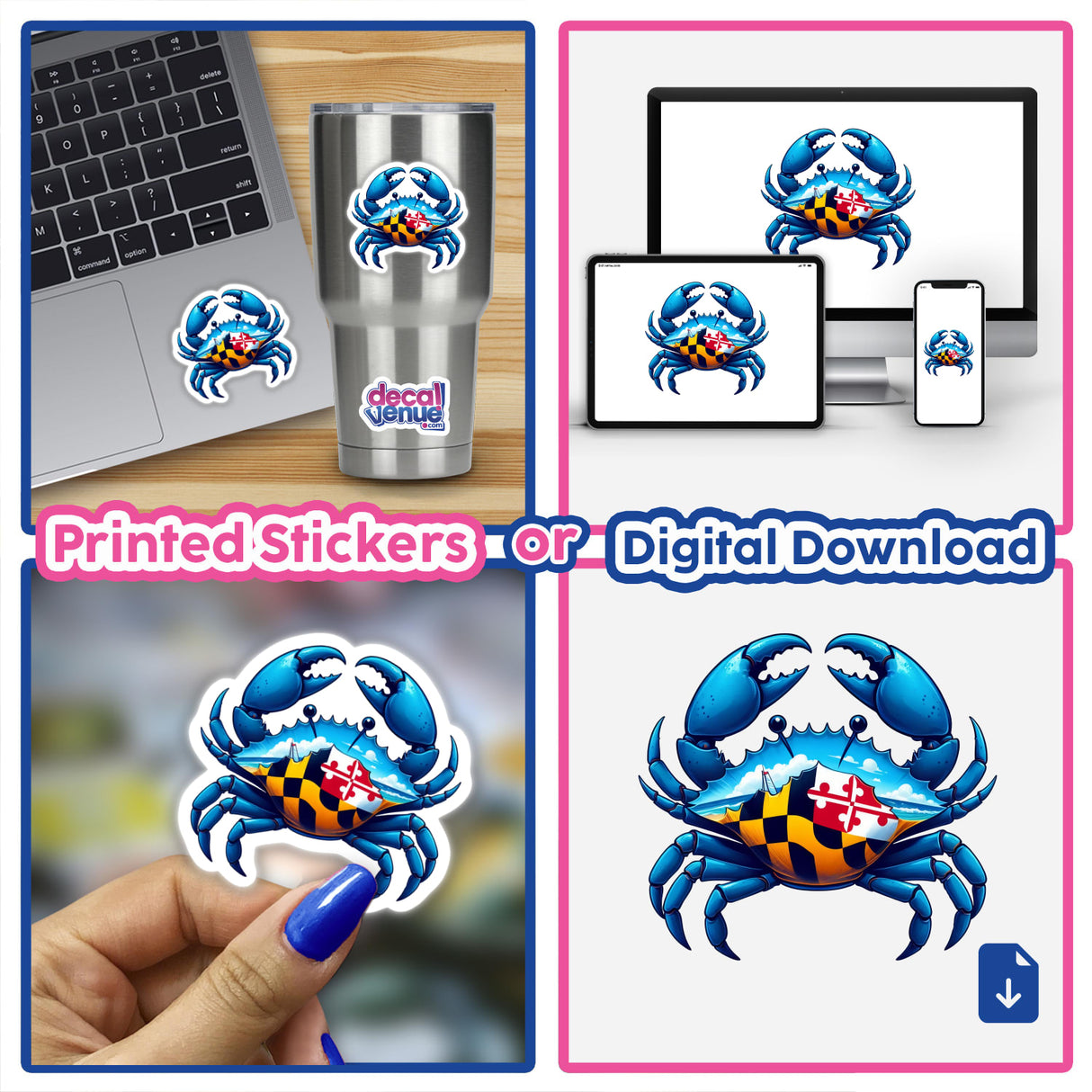 Maryland Blue Crab design, patterned with the Maryland flag, featured as stickers on a laptop and tumbler, and as a digital download on various screens. Available from Decal Venue.