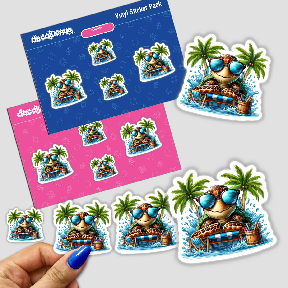 Sunbathing Tropical Sea Turtle sticker featuring a cartoon turtle lounging on a deck chair, wearing sunglasses, with palm trees in the background. Available as a sticker or digital artwork from Decal Venue.