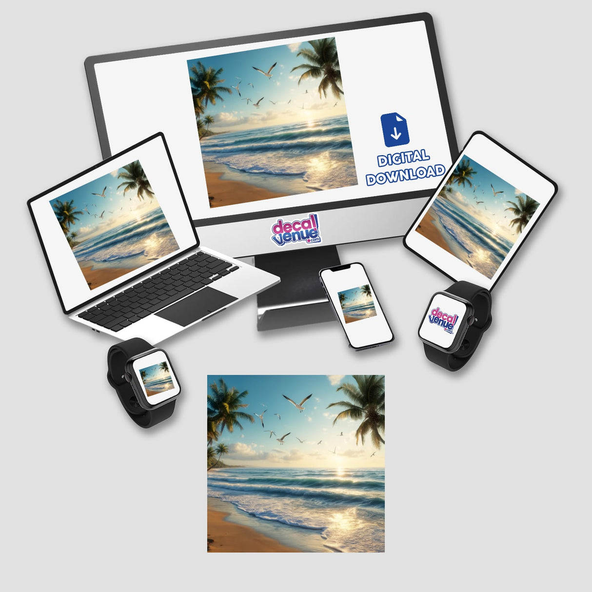 Serene Sunrise Seagulls Over Ocean Waves artwork displayed on a laptop screen, featuring a beach scene with birds in flight, available as stickers or digital art from Decal Venue.