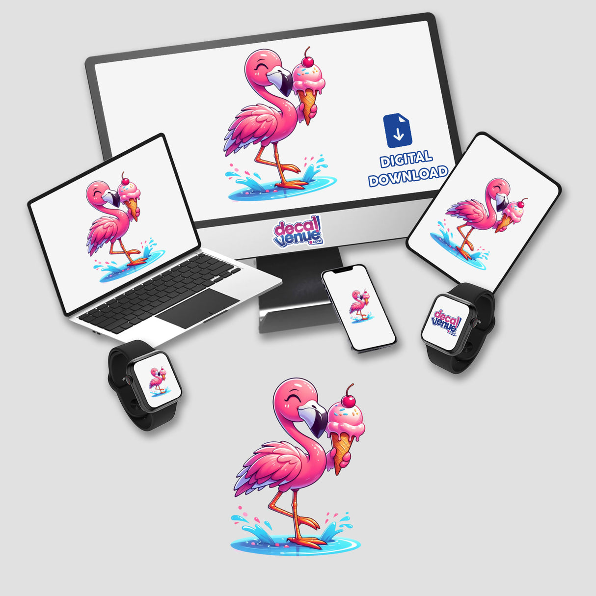 Summertime Flamingo with Ice Cream Cone design displayed on a computer monitor and laptop, showcasing a cartoon flamingo holding an ice cream cone. Available as stickers or digital artwork.