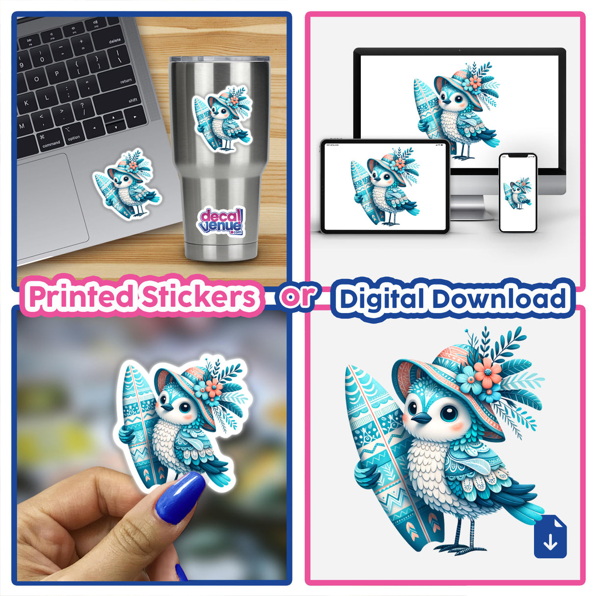 Seagull Bird in Summer Beach Hat with Surfboard