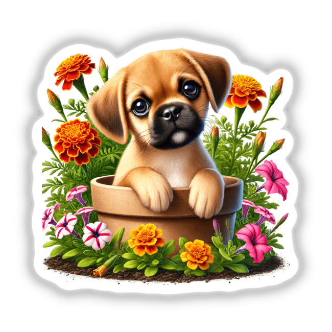 Puggle Dog Peeking Out of Flower Pot