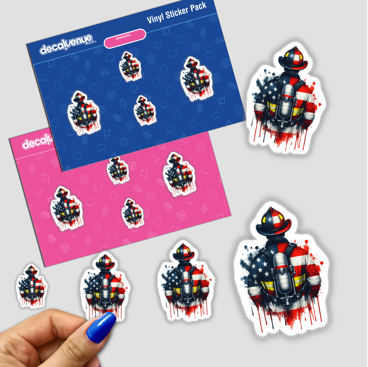 Vibrant American flag-themed firefighter first responder digital artwork stickers displayed on a Decal Venue product packaging.