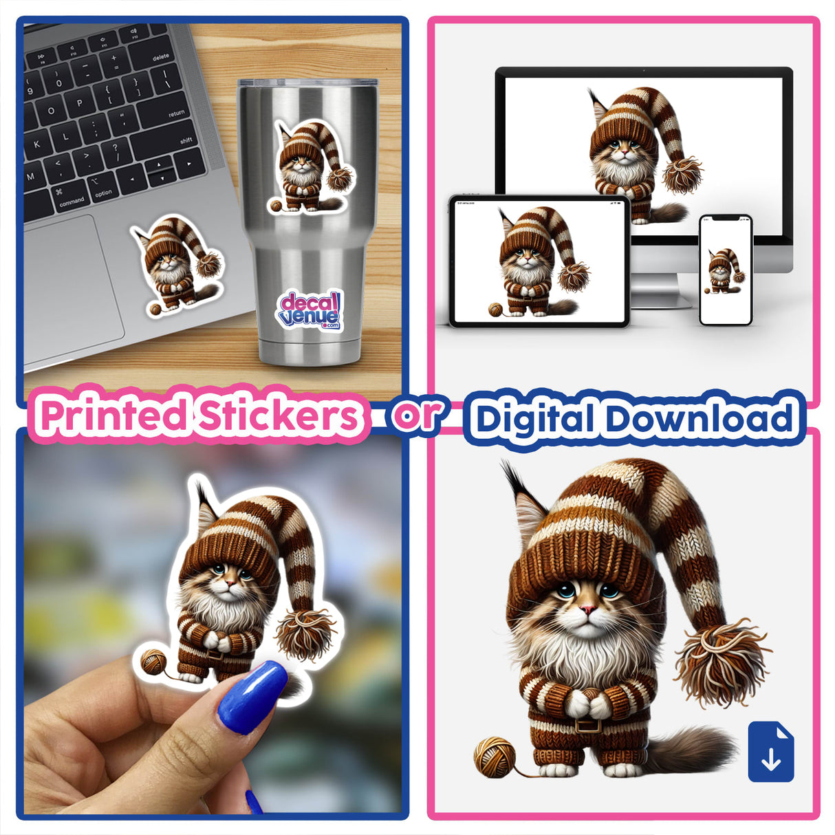 Maine Coone Cat Gnome with Ball of Yarn stickers featuring a cat in a knitted hat, seen as laptop decals, hand-held stickers, and digital artwork.