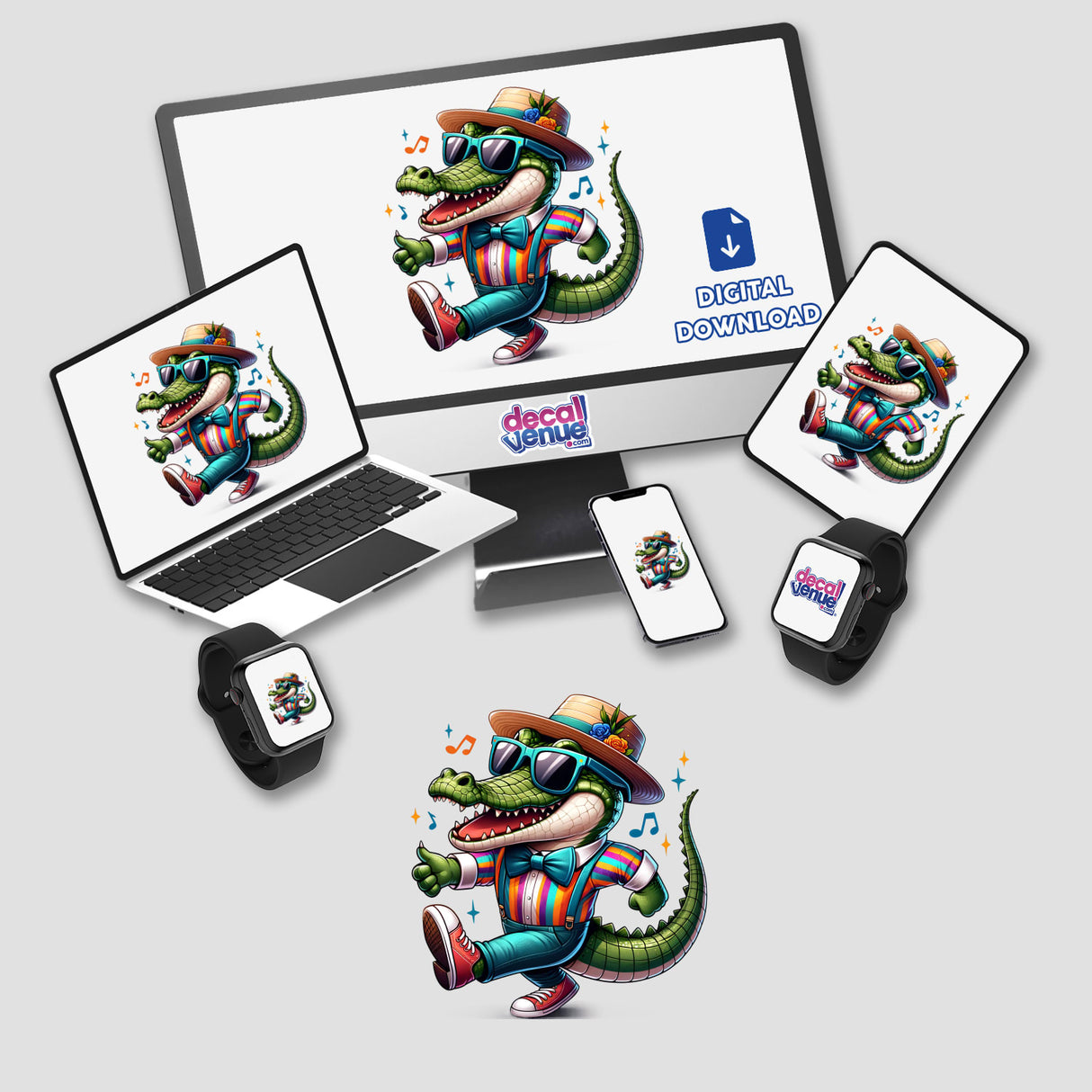 Stylish Crocodile in Hat and Bowtie Dancing