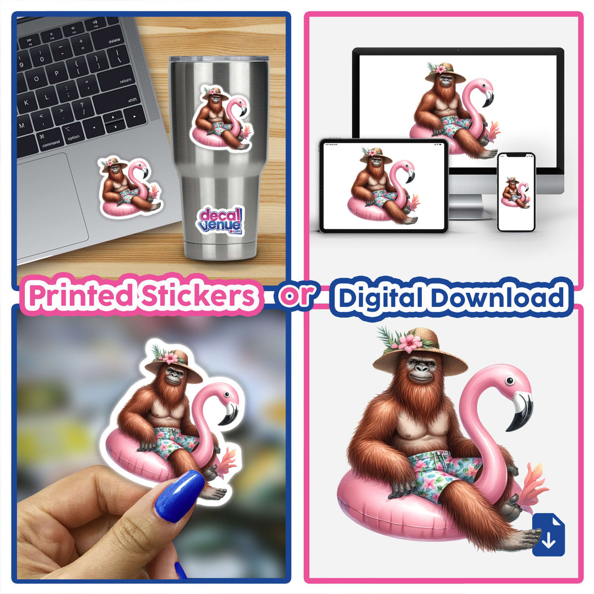 Tropical Sasquatch Sitting in Float II features a cartoon gorilla on a flamingo, available as stickers or digital artwork, showcasing Decal Venue's unique vinyl and digital art offerings.