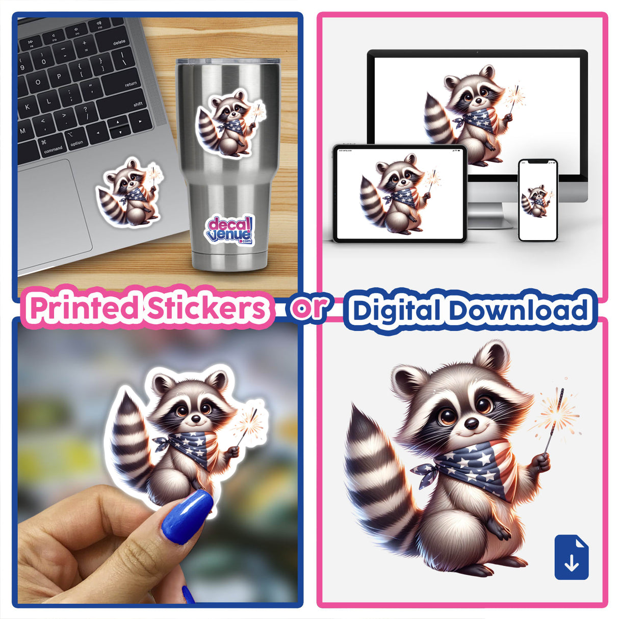 Raccoon Wearing Stars and Stripes Bandana Holding Sparkler