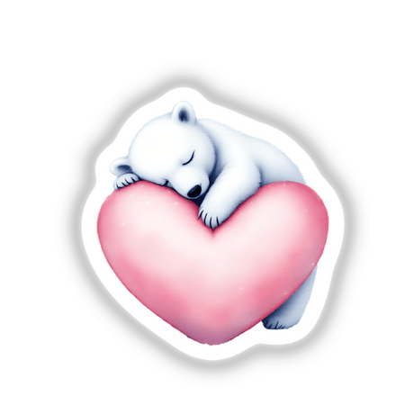 Polar Bear Sleeping on Heart: A cute cartoon of a white bear peacefully hugging a pink heart, ideal as a sticker or digital artwork for adding charm to your space.