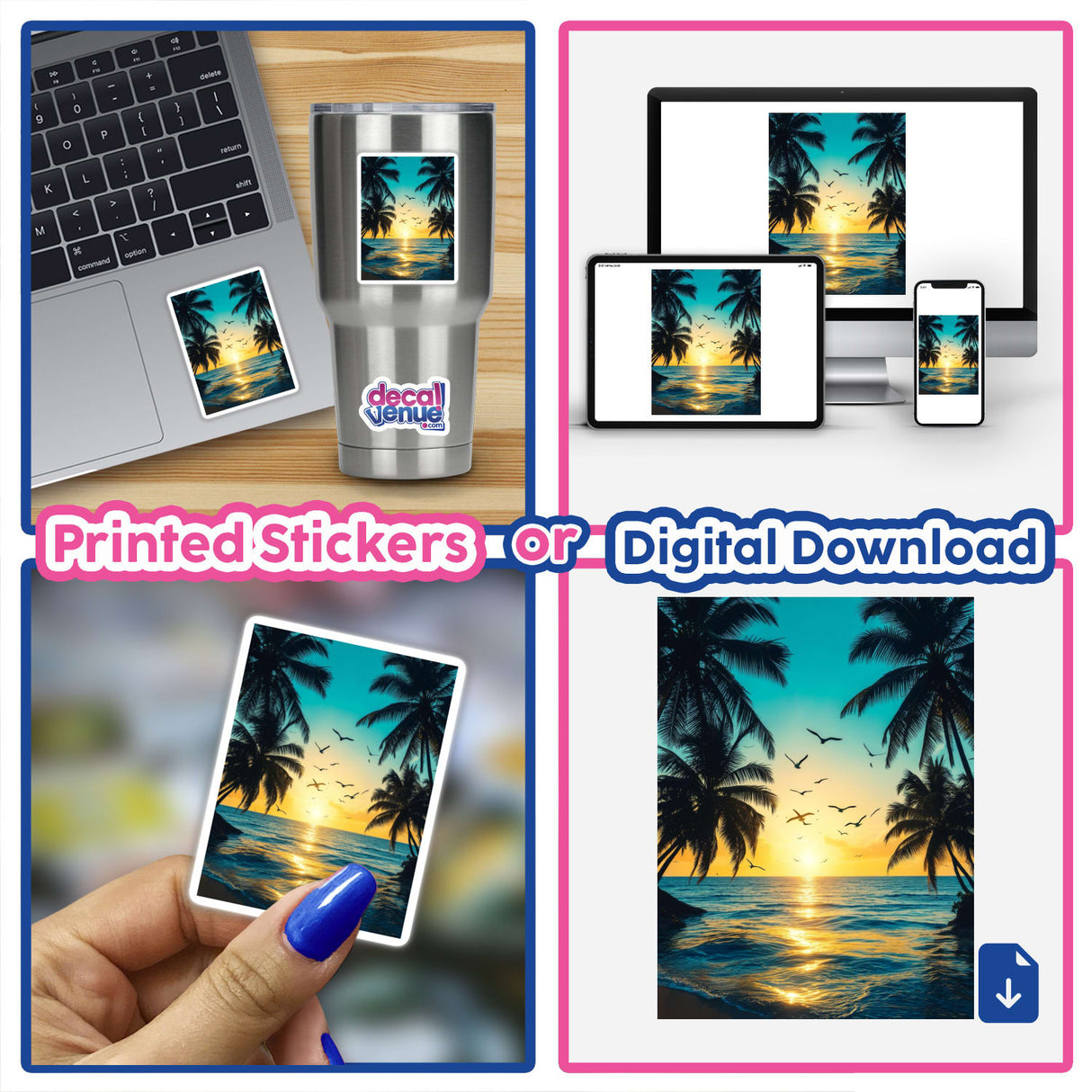 Tropical Twilight Seagulls Over Ocean Sunset sticker collage featuring palm trees, a laptop, and digital visuals of a sunset, embodying Decal Venue's unique vinyl sticker and digital artwork offerings.