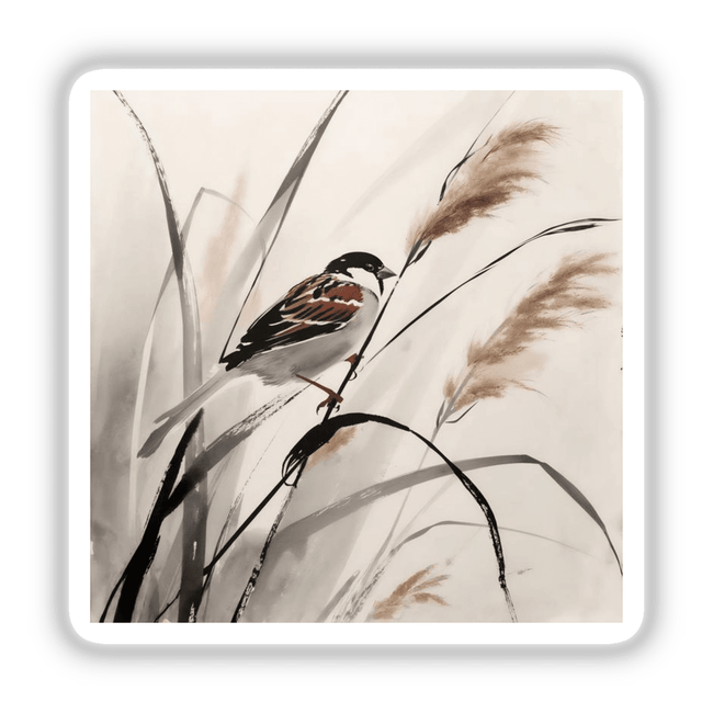 Sumi-e Sparrow on Reed Delicate Japanese Watercolor Scene, available as stickers or digital artwork, features a sparrow poised on a reed, exemplifying traditional Japanese painting techniques.