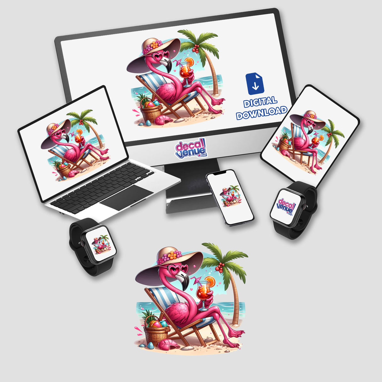Flamingo Bird Beach Diva stickers or digital artwork featuring a cartoon flamingo lounging on a beach chair, displayed on a computer monitor, laptop, and smartwatch at Decal Venue.