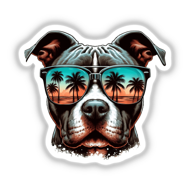 Tropical Sunglasses Pitbull Face sticker featuring a pitbull wearing sunglasses reflecting palm trees, perfect for fans of unique, artistic vinyl stickers or digital art from Decal Venue.