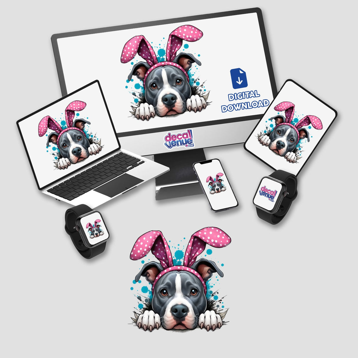 Peeking Easter Pitbull Bunny on a laptop and mouse pad, showcasing a cartoon dog with pink ears. Available as stickers or digital artwork, fitting Decal Venue's unique vinyl sticker and art collection.