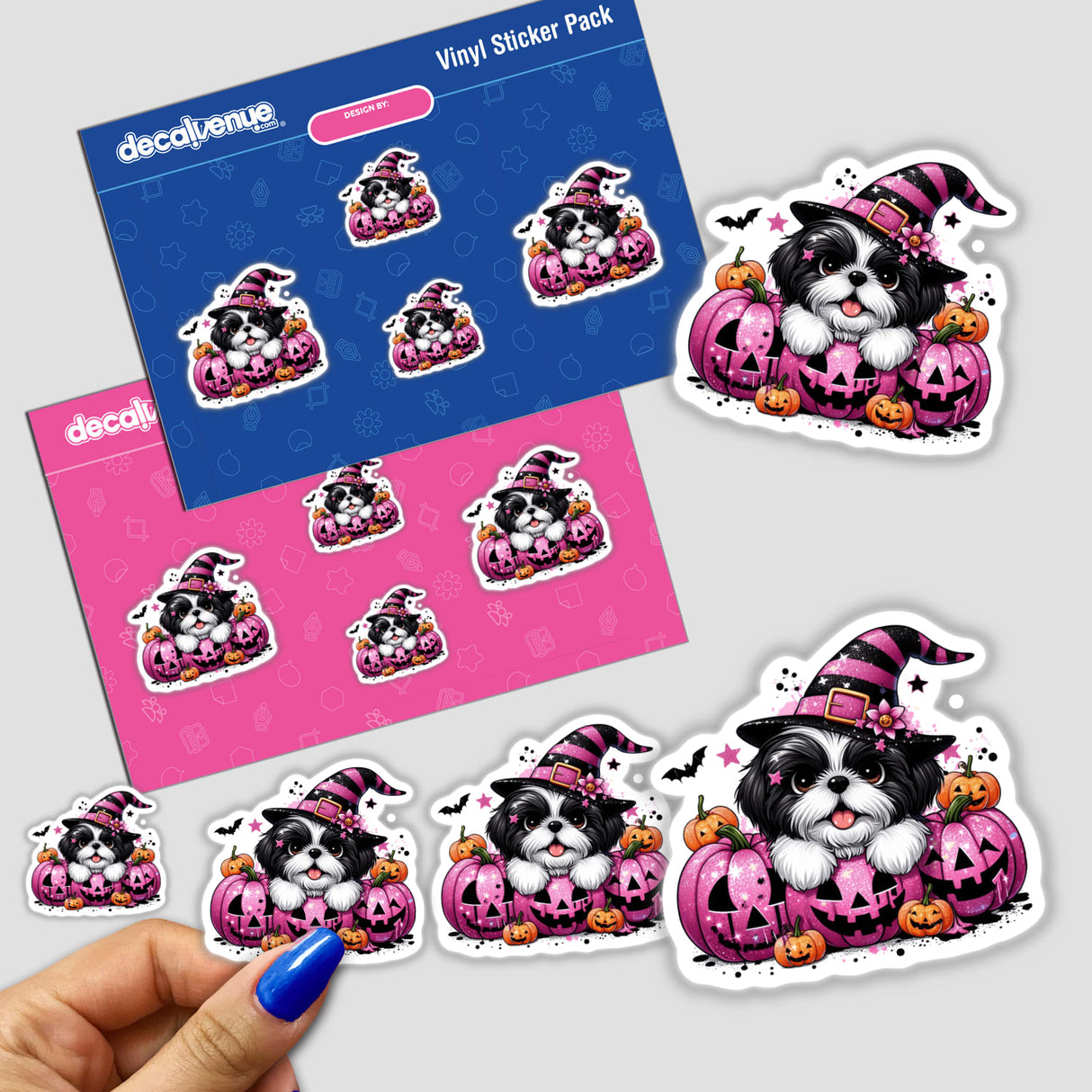 Sticker of a Shih Tzu dog wearing a hat, surrounded by pink and black glitter Halloween pumpkins.