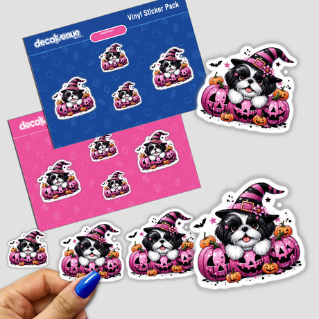 Sticker of a Shih Tzu dog wearing a hat, surrounded by pink and black glitter Halloween pumpkins.