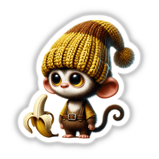 Monkey Gnome with Banana sticker or digital artwork featuring a cartoon monkey wearing a knitted hat and holding a banana.