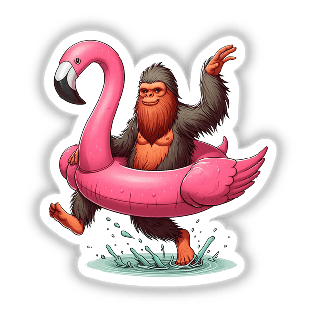 Sasquatch Splashing in Flamingo Float: A playful cartoon illustration featuring a gorilla riding a flamingo float, available as unique stickers or digital artwork at Decal Venue.