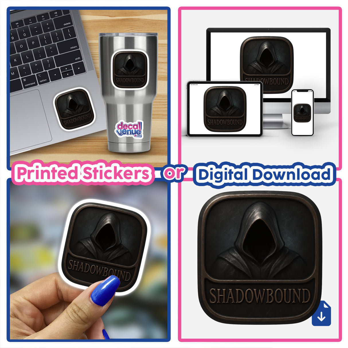 Shadowbound – RPG-Style Skill Badge, a dark silver stealth emblem available as stickers or digital artwork, showcases intricate design emblematic of Decal Venue's unique vinyl offerings.