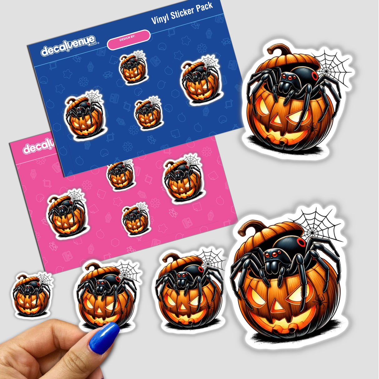 Black Widow spider emerging from carved pumpkin, Halloween-themed digital artwork sticker pack