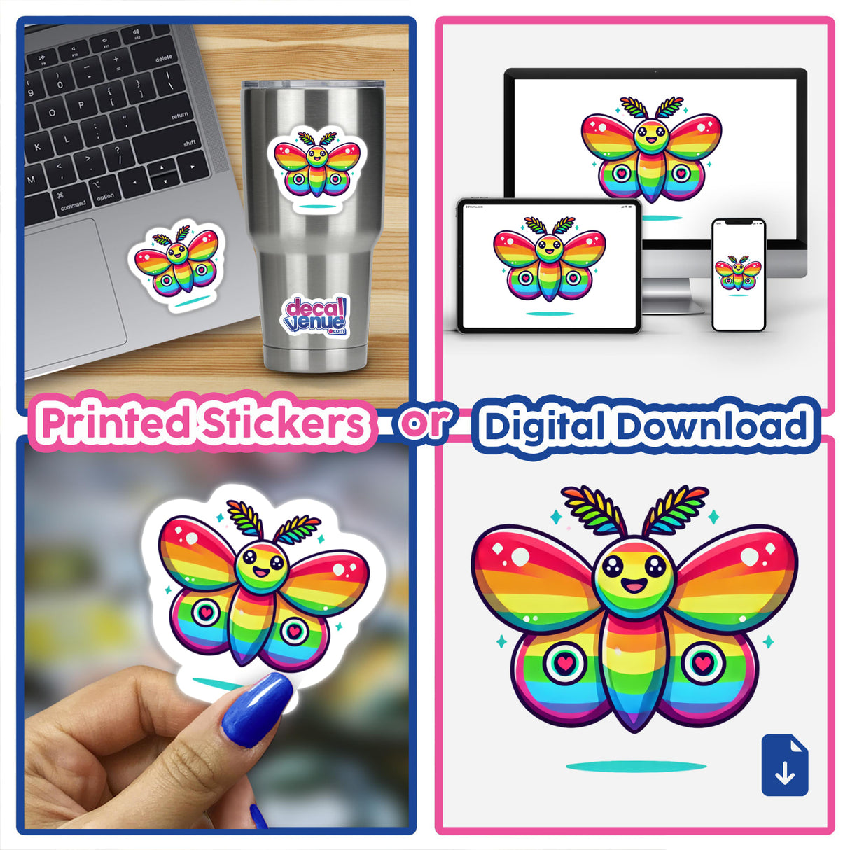 Rainbow Moth sticker on a laptop and cup, featuring a vibrant cartoon butterfly. Ideal for DIY projects, printable art, and sublimation designs.