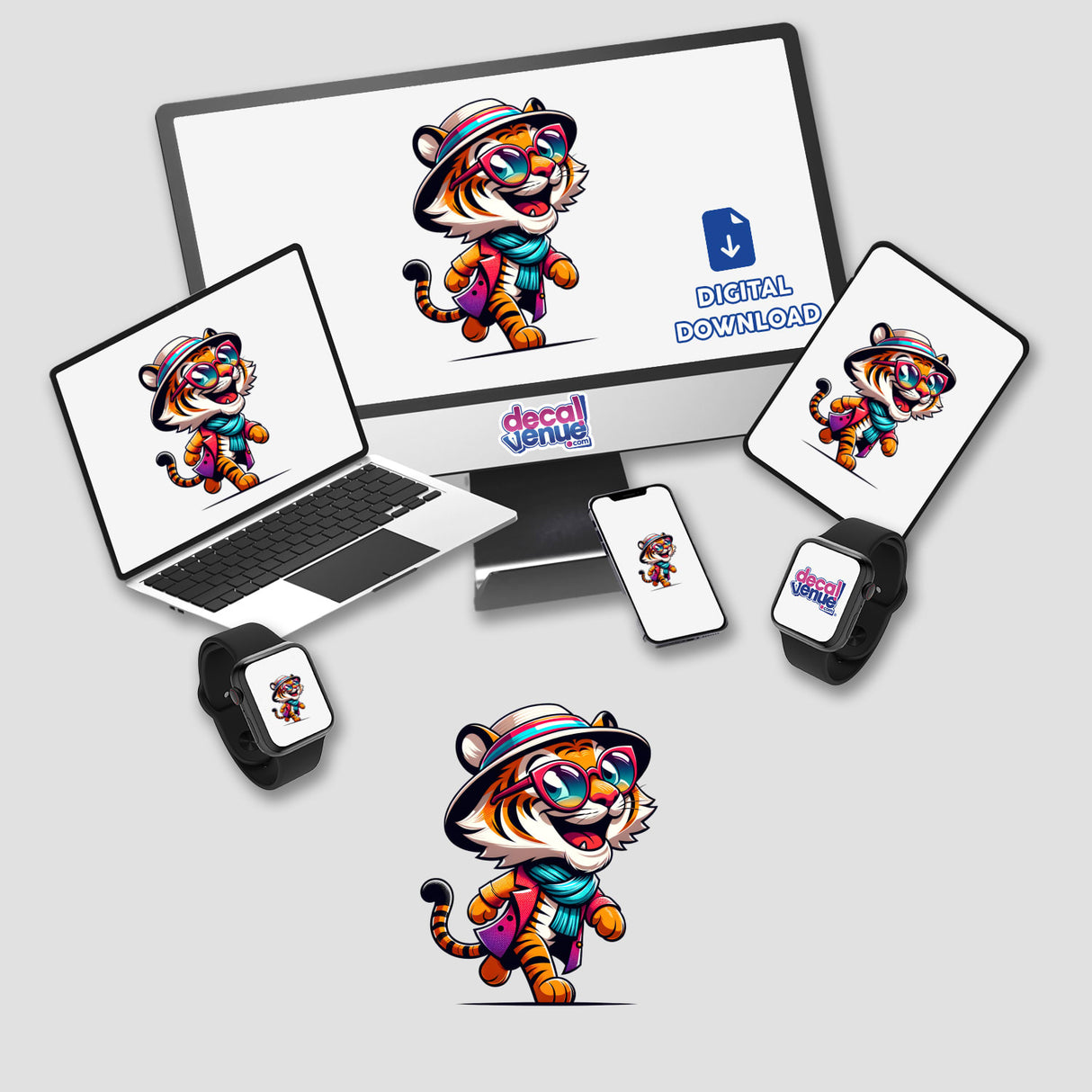 Trendy Tiger stickers or digital artwork featuring a cartoon tiger with glasses and a hat on various devices, including a computer monitor, laptop, tablet, cell phone, and smartwatch.