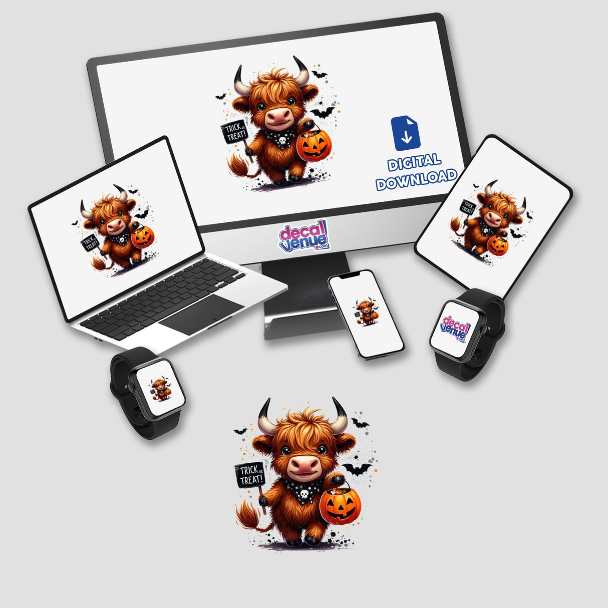 Halloween Highland Cow Trick or Treat stickers or digital artwork featuring a cartoon yak holding a pumpkin basket, displayed on a computer monitor and laptop.