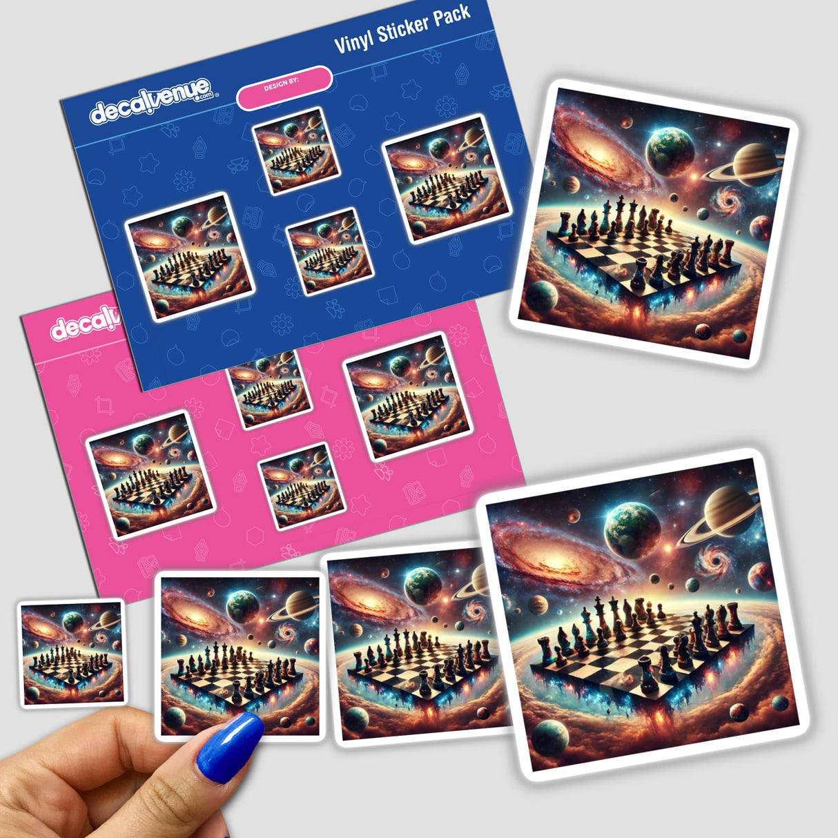 Hand holding a sticker pack titled Galactic Chess featuring space-themed chessboard with planets and stars. Available as stickers or digital artwork from Decal Venue.
