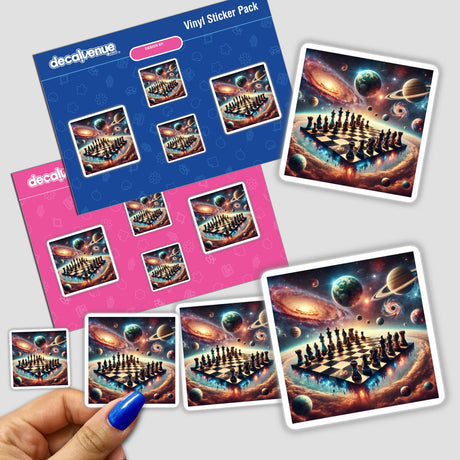Hand holding a sticker pack titled Galactic Chess featuring space-themed chessboard with planets and stars. Available as stickers or digital artwork from Decal Venue.