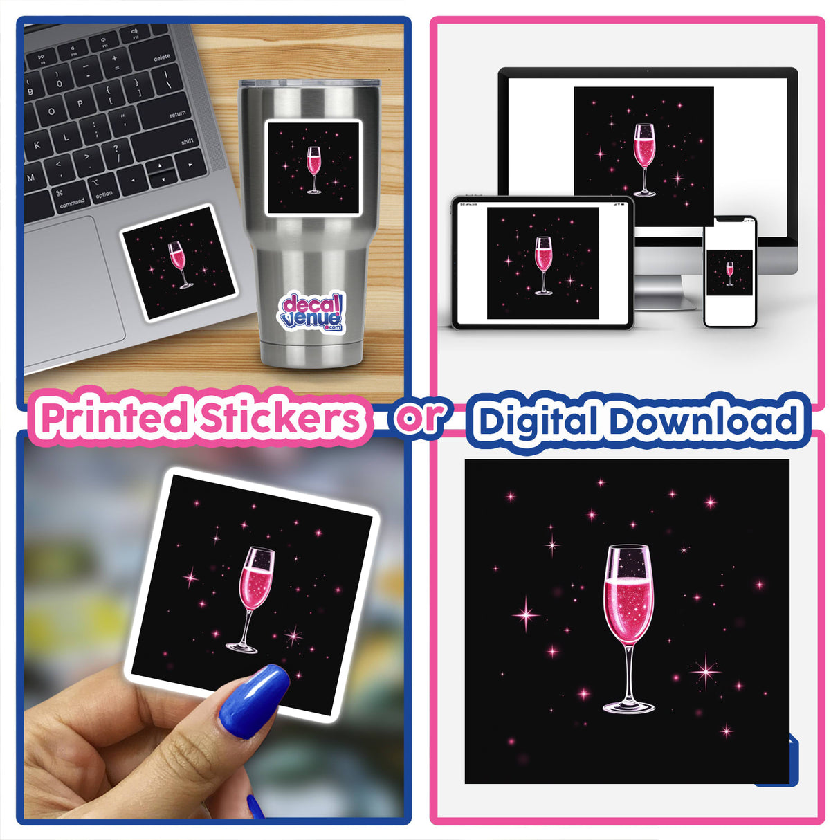 Pink Champagne Glass with Red Ribbon and Glitter Stars sticker displayed on a laptop, surrounded by digital art elements like a wine glass and electronic devices, reflecting Decal Venue's unique creative offerings.